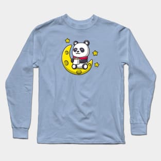 Cute Panda Drink Coffee On Moon Cartoon Long Sleeve T-Shirt